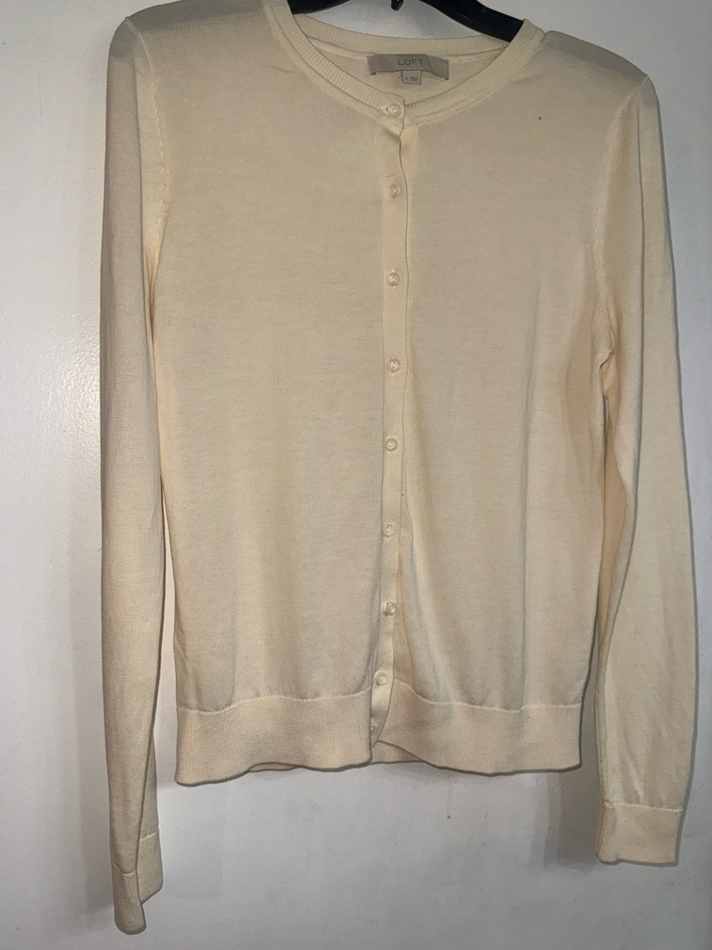 LOFT Cream Lightweight Button-Up Crewneck Cardigan